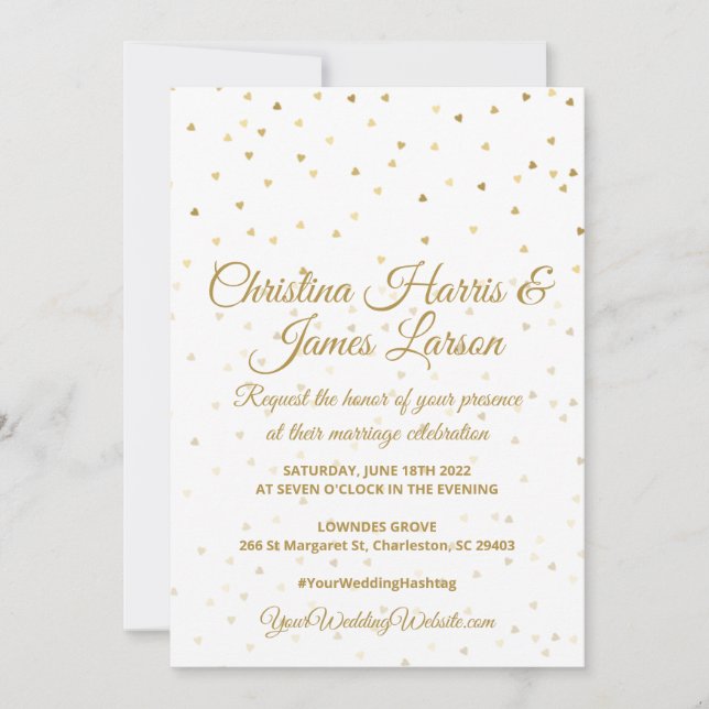 Faire-part Cartons d'invitation de mariage coeurs dorés (Devant)