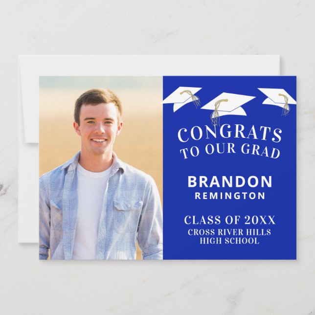 Faire-part Casquette de fin d'études photo Royle bleu et blan (Devant)