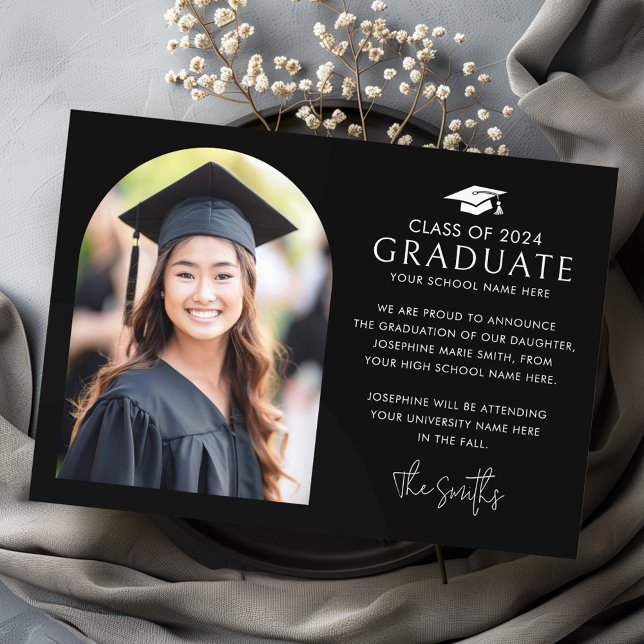 Faire-part Casquette élégante arc noir photo (Graduation cap elegant arch black photo announcement)