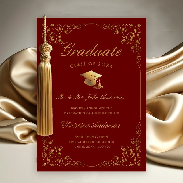 Faire-part Casquette Gold Ivy Script de Parents Maroon Gradua (Gold Ivy Leaf on Maroon Graduation Announcement from Parents)
