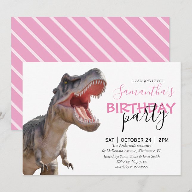 Faire-part Célébration d'anniversaire de Dinosaure, une fille (Devant / Derrière)