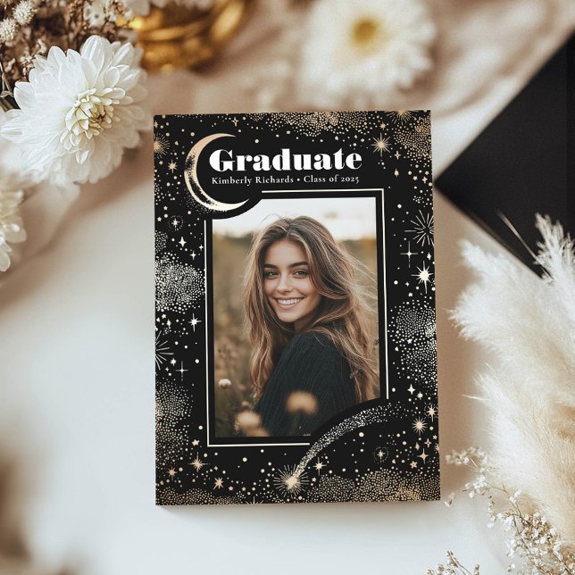 Faire-part Celestial moderne noir Diplômé photo (Celestial Black Photo Graduation Announcement)