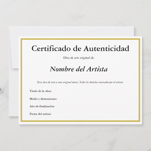 Faire-part Certificat d'authenticité espagnol pour l'art (Devant)