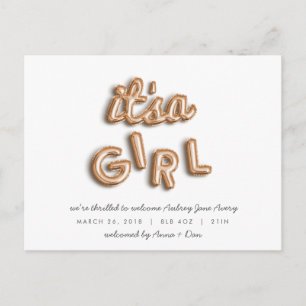 Faire-part C'est une fille ! Carte postale rose gold.