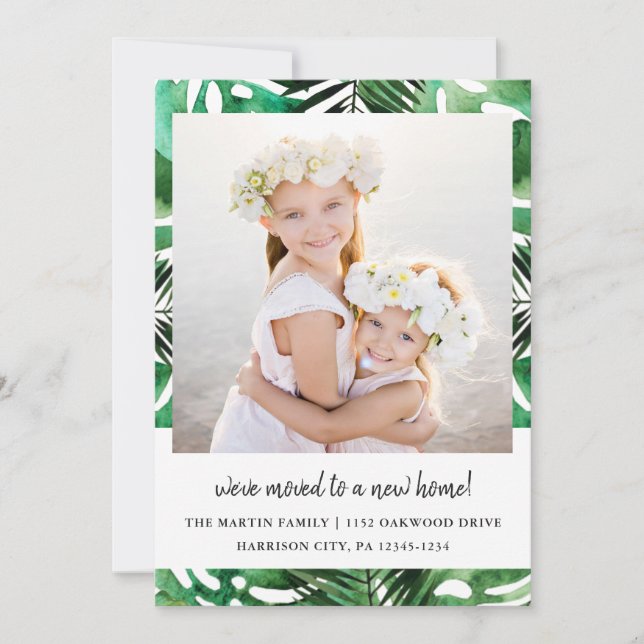 Faire-part Changement d'adresse Aquarelle Vert Feuilles photo (Devant)