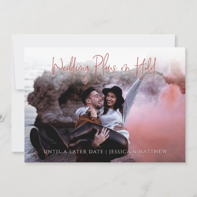 Faire-part Changement de date de mariage Fun Photo Red Script (Devant)