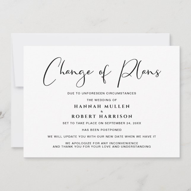 Faire-part Changement de plan Report Annulé noir blanc (Devant)
