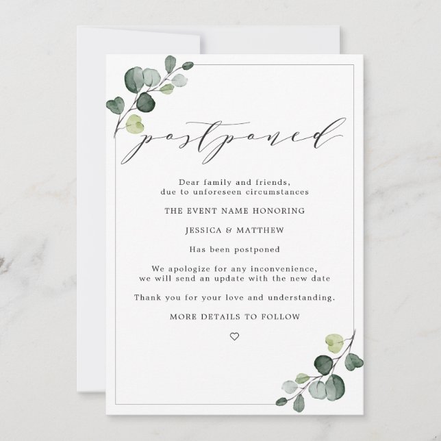 Faire-part Changement de plan reporté Mariage de l'eucalyptus (Devant)