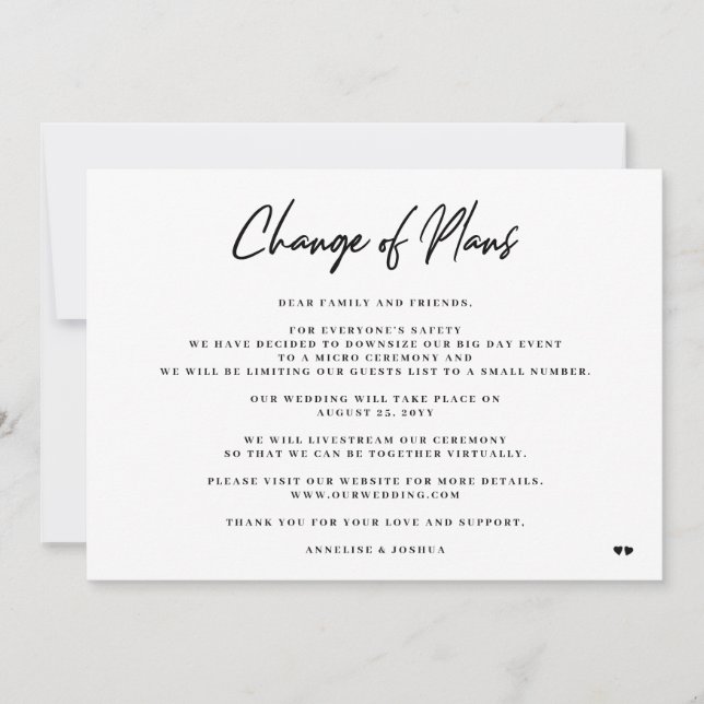 Faire-part Changement de plans élégant minimal mariage réduit (Devant)