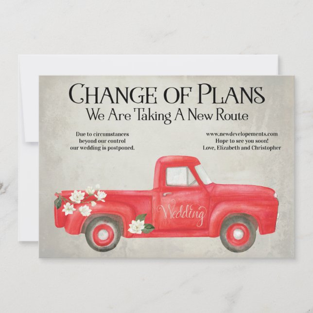 Faire-part Changement de plans Mariage Camion Rouge Reporté (Devant)