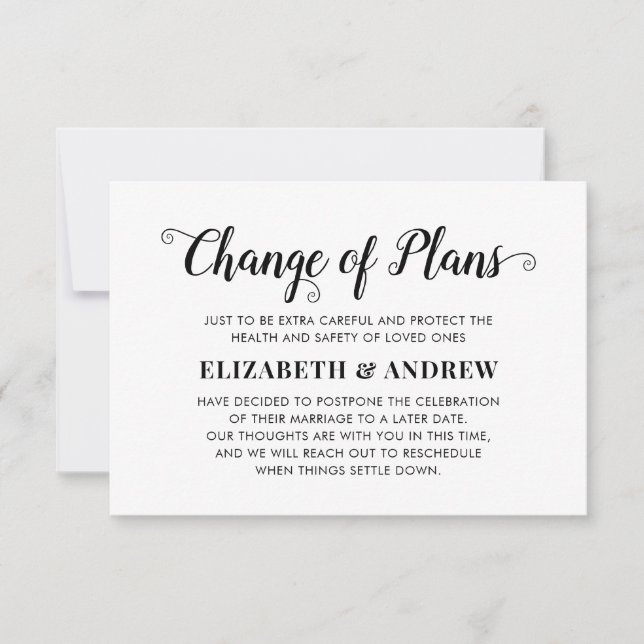 Faire-part Changement de plans Mariage reporté Script moderne (Devant)