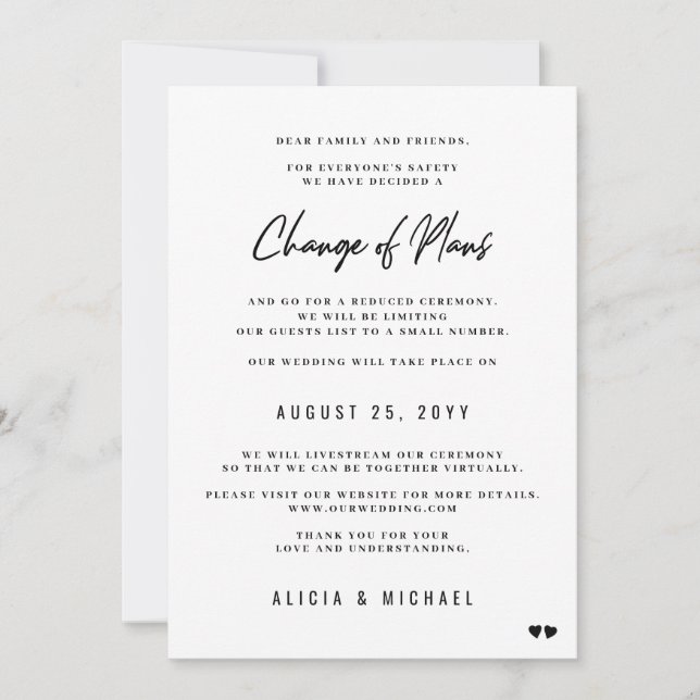 Faire-part Changement mariage de plans réduction minimale mod (Devant)