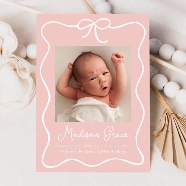 Faire-part Charming Bow Blush rose Baby Girl Photo Naissance (Créateur téléchargé)