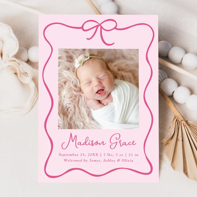 Faire-part Charming Rose Bow Baby Girl Photo Birth (Créateur téléchargé)