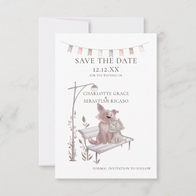 Faire-part Chat Et Chien sur Bench Animal Enregistrer La Date (Devant)