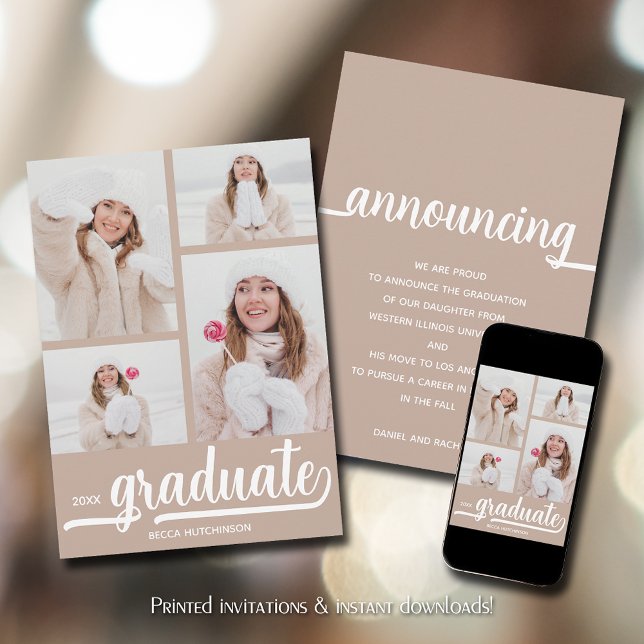 Faire-part Chic 4 Photo Diplômé (Chic 4 photo taupe-beige graduation announcements)