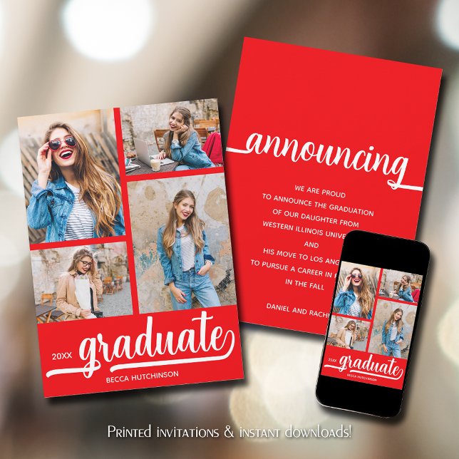 Faire-part Chic 4 Photo Red Graduation (Chic 4 Photo Red Graduation Announcements)