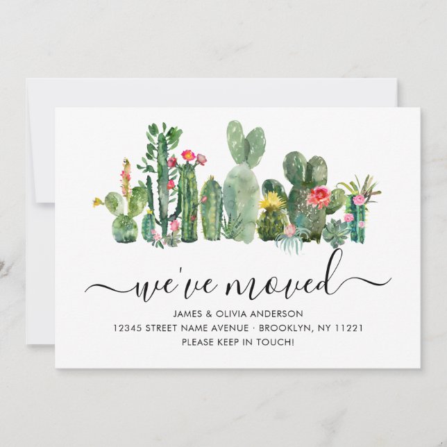 Faire-part Chic Aquarelle Cactus Nous avons déménagé Nouvelle (Devant)