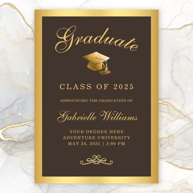 Faire-part Chic Brown Gold Frame Script Graduation (Chic Brown Gold Border Typography Graduation Announcement)