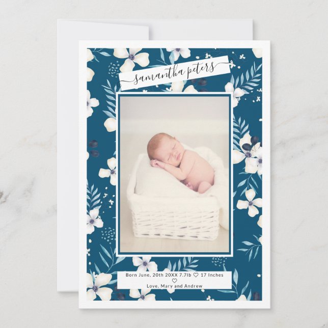 Faire-part Chic floral beige bleu aquarelle photo bébé naissa (Devant)