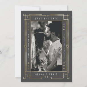 Faire-part Chic Grey Faux Gold Foil Art déco Sauvez la date