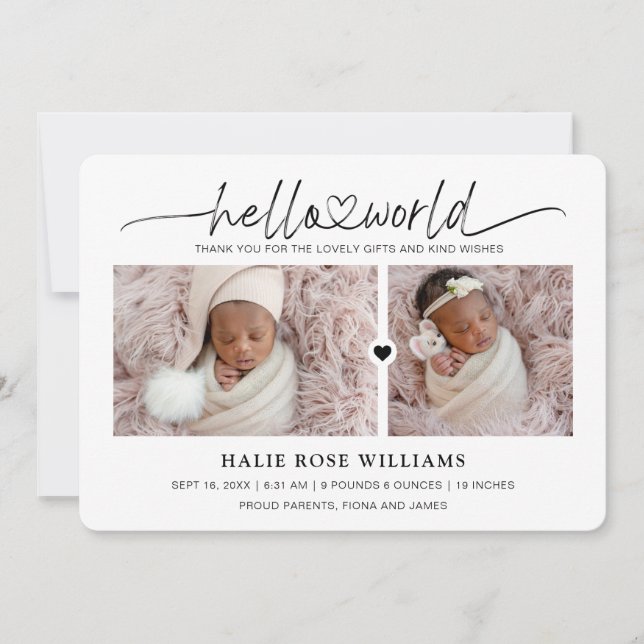 Faire-part Chic Hello World Photo Collage Naissance (Devant)
