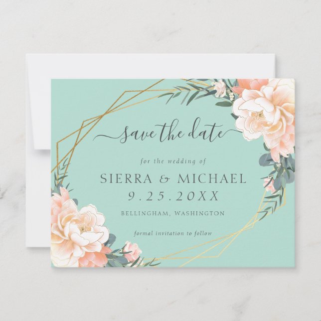 Faire-part Chic Mint Green Peach Gold Floral Enregistrer la d (Devant)