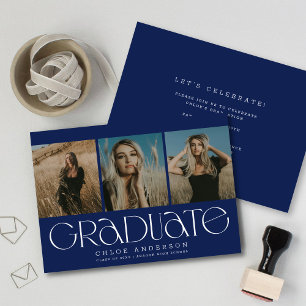 Faire-part Chic Modern Navy Blue 3 Photo Graduation