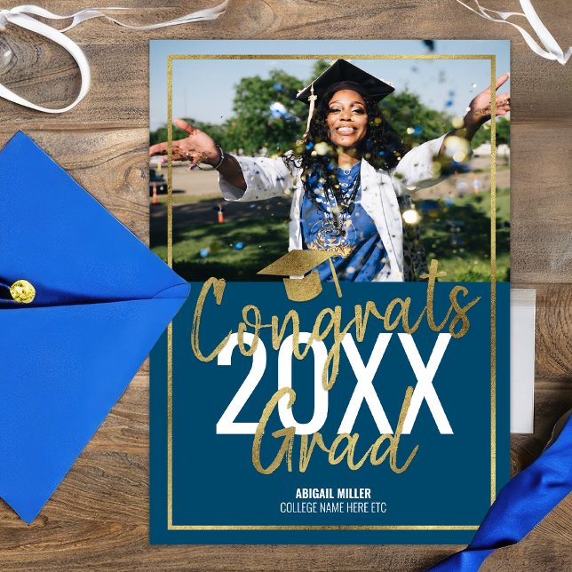 Faire-part Chic Moderne Bleu Et Or Script Graduation (Créateur téléchargé)