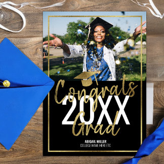 Faire-part Chic Moderne Noir Et Or Script Graduation