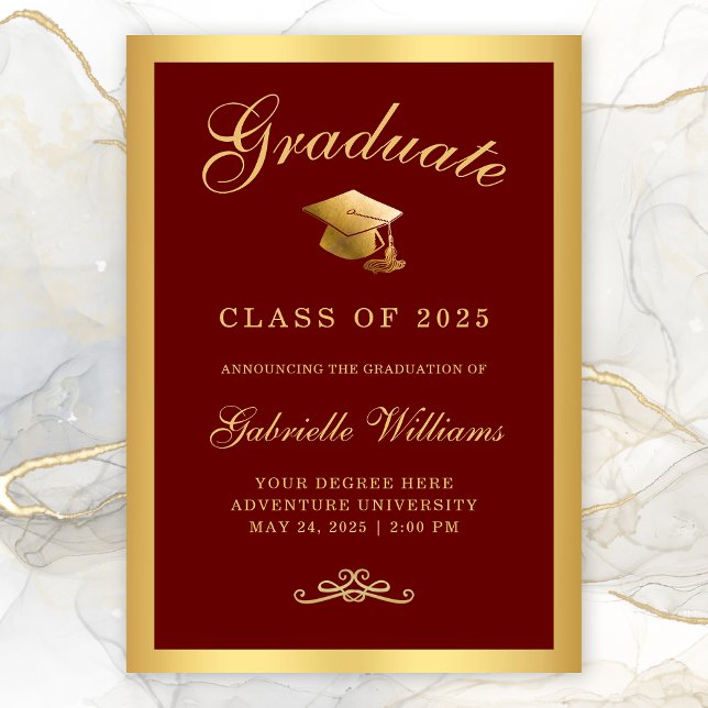 Faire-part Chic Red Marroon Gold Frame Script Graduation (Chic Maroon Gold Border Typography Graduation Announcement)