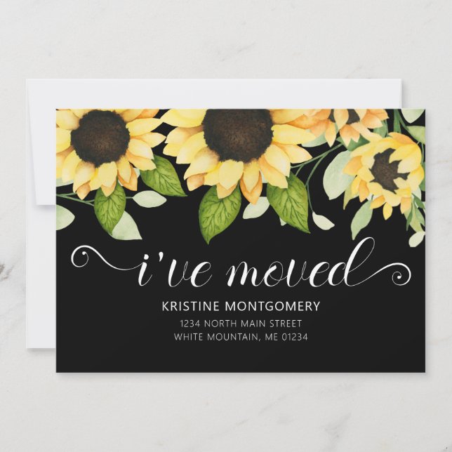 Faire-part Chic Tournesol Aquarelle Florale Noir J'ai déménag (Devant)