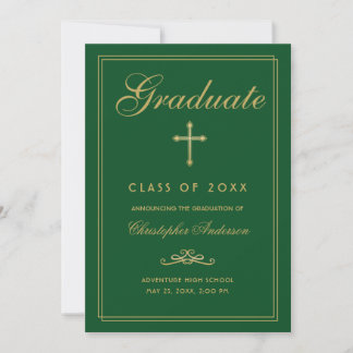 Faire-part Christian Graduation Green Gold Cross Script