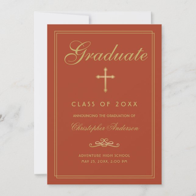 Faire-part Christian Graduation Orange Gold Cross Script (Devant)