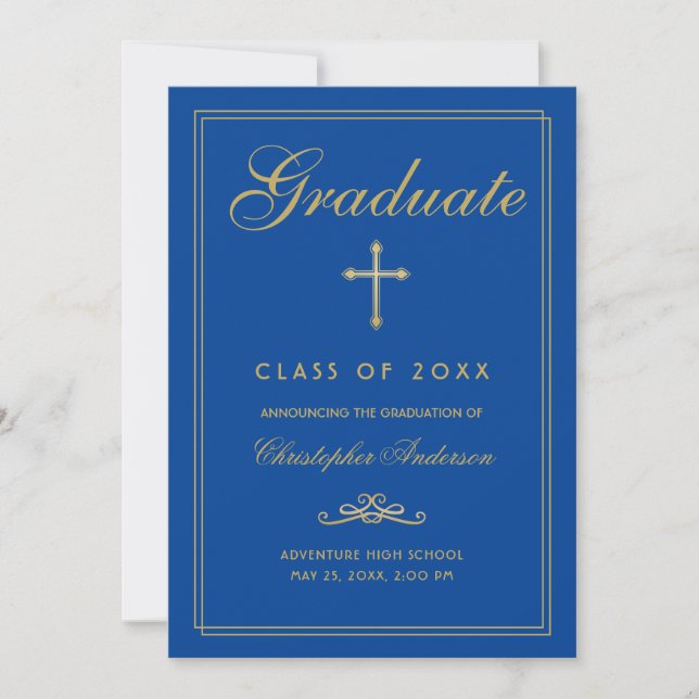Faire-part Christian Graduation Royal Blue Gold Cross Script (Devant)