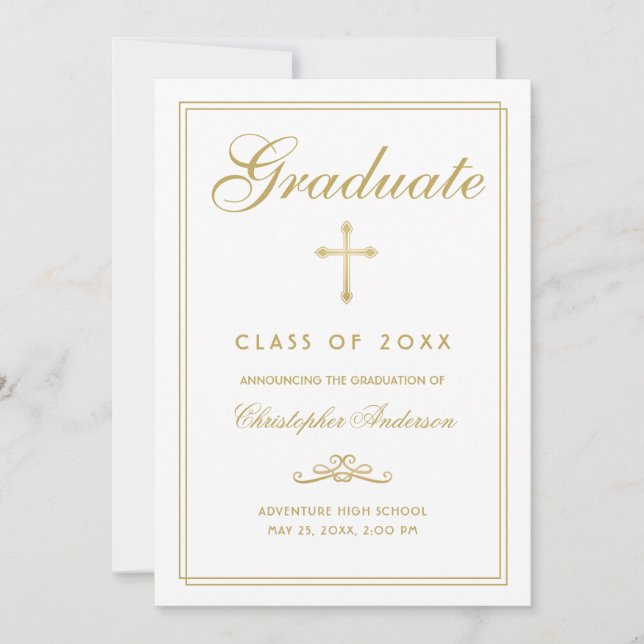 Faire-part Christian Graduation White Gold Cross Script (Devant)