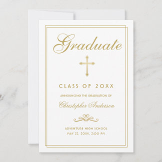 Faire-part Christian Graduation White Gold Cross Script