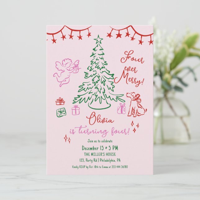 Faire-part Christmas 4th birthday whimsical tree (Debout devant)