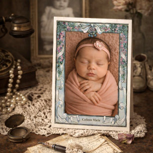 Faire-part Cigogne Fleurs Rubans Mignons Vintage Naissance