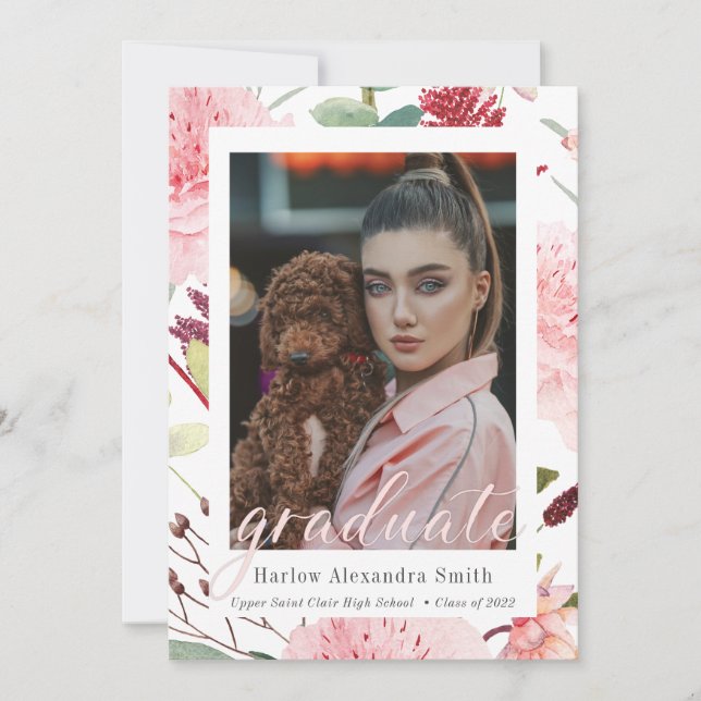 Faire-part Classe de 2022 Blush Floral 2 Photo Graduation (Devant)