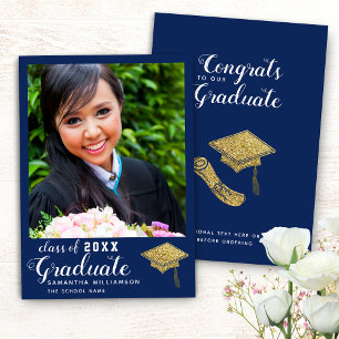 Faire-part Classe de 2024 Blue White Gold Photo Graduation