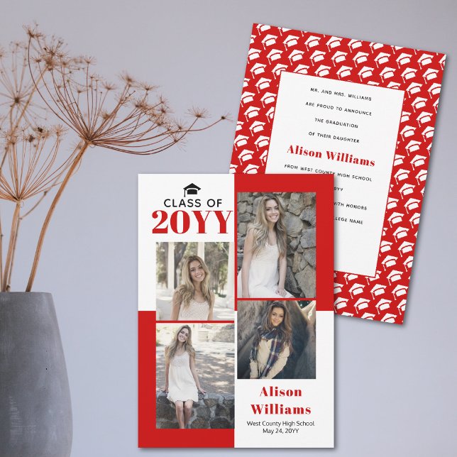 Faire-part Classe de 2025 quatre photos graduation rouge (Créateur téléchargé)