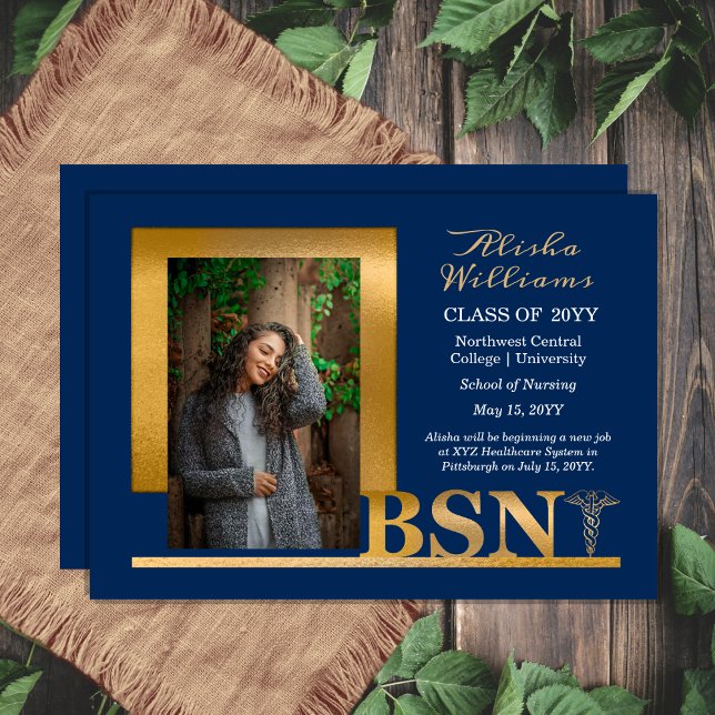 Faire-part Classé Elegant Or BSN Caduceus 1 Photo Dk Blue (Classy Elegant Gold Tone Caduceus and Blue One Photo Blue "BSN" Nurse Graduation Announcement )