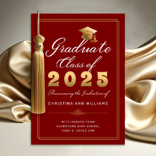 Faire-part Classe élégante Red Gold Script de 2025 Graduate