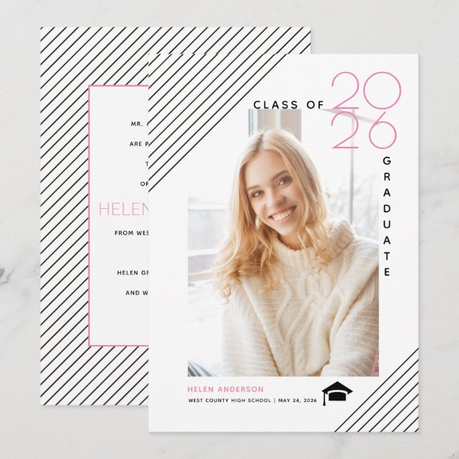 Faire-part Classe moderne de 2025 photo rose diplômée (Devant / Derrière)