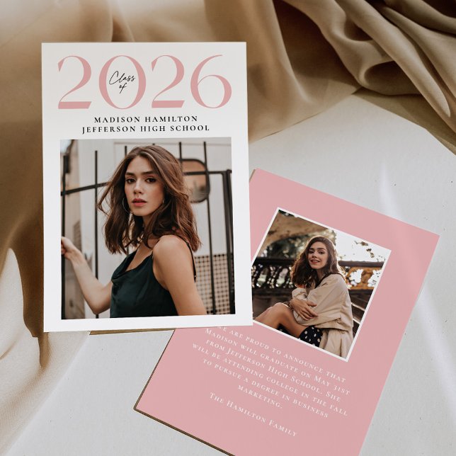 Faire-part Classe moderne de 2025 Pink 2 photo Graduation (Créateur téléchargé)