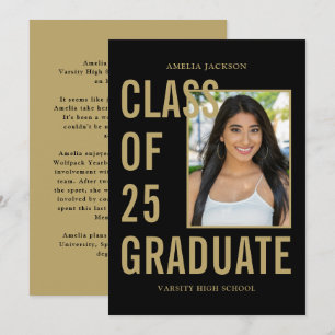 Faire-part Classe Noir & Or De 25 Diplôme Photo & Bio