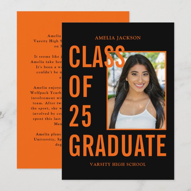 Faire-part Classe Orange & Noir De 25 Diplôme Photo (Devant / Derrière)