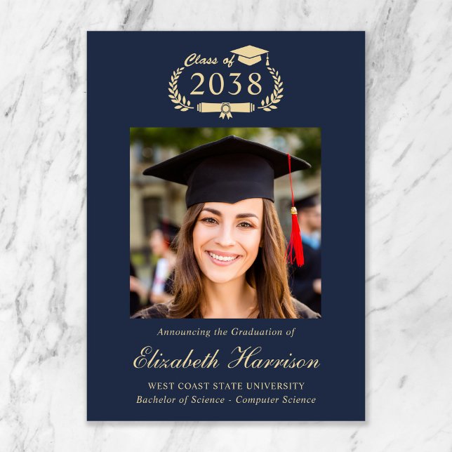 Faire-part Classic Crest Blue Gold Photo College Graduation (Classic Crest Blue Gold Photo College Graduation Announcement)