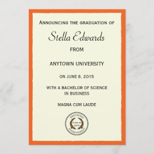 Faire-part classique orange d'obtention du diplôme